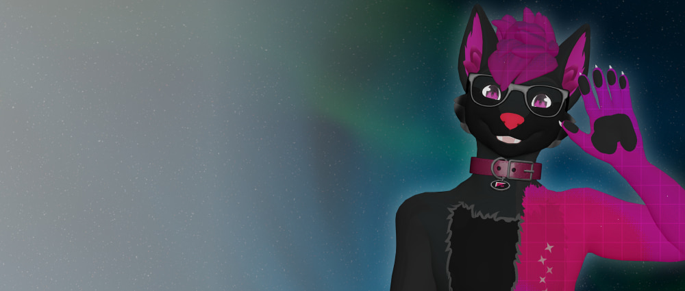 An image of an anthropomorphic fox character waving at you, in front of an abstract aurora background.